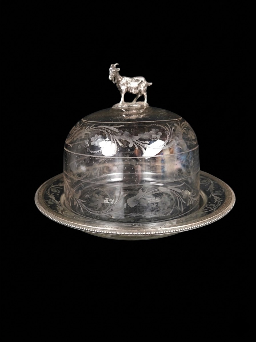 Cheese Bell And Display In Crystal And Silver - Goat Décor - Late 19th Century