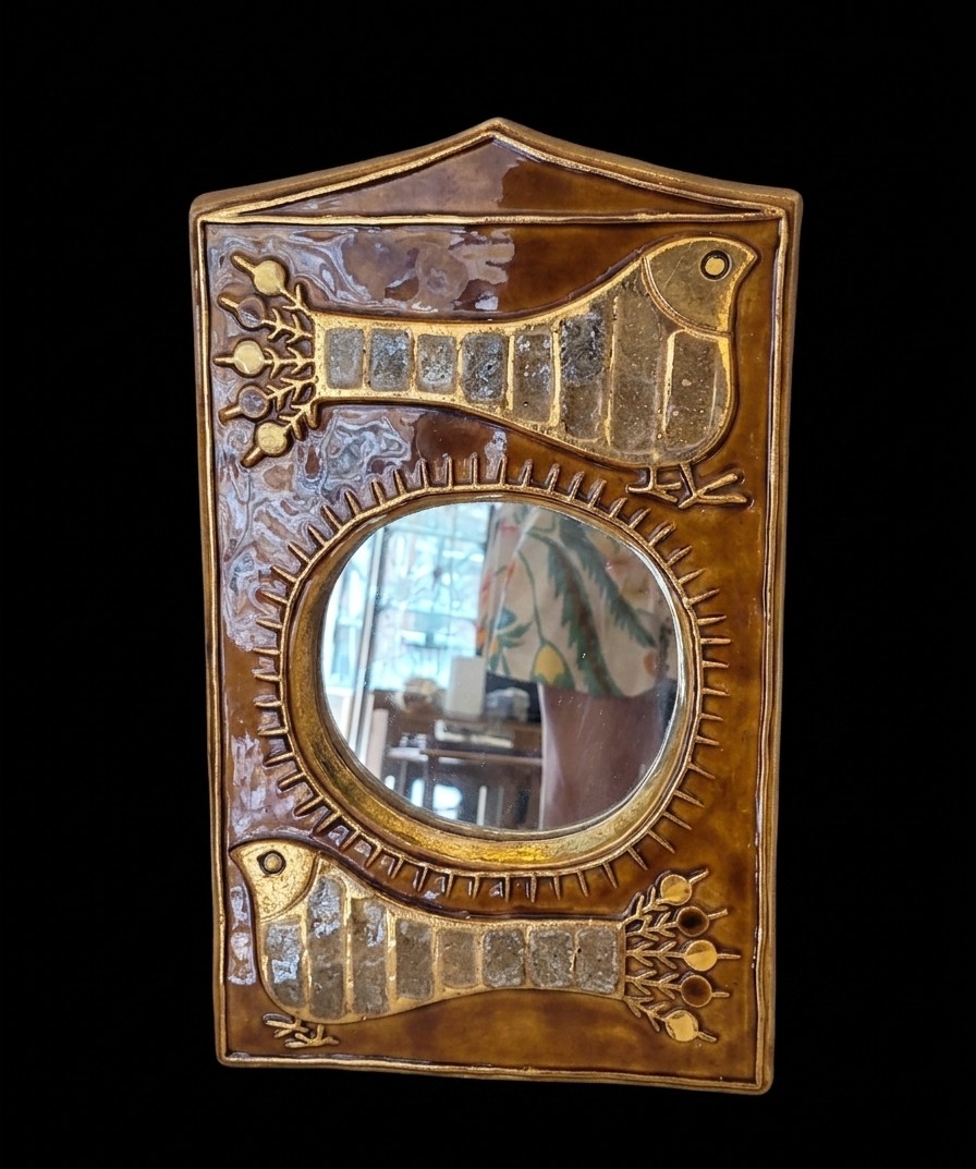 Mithé Espelt (1923-2020) - Grand miroir Paon en céramique émaillé 