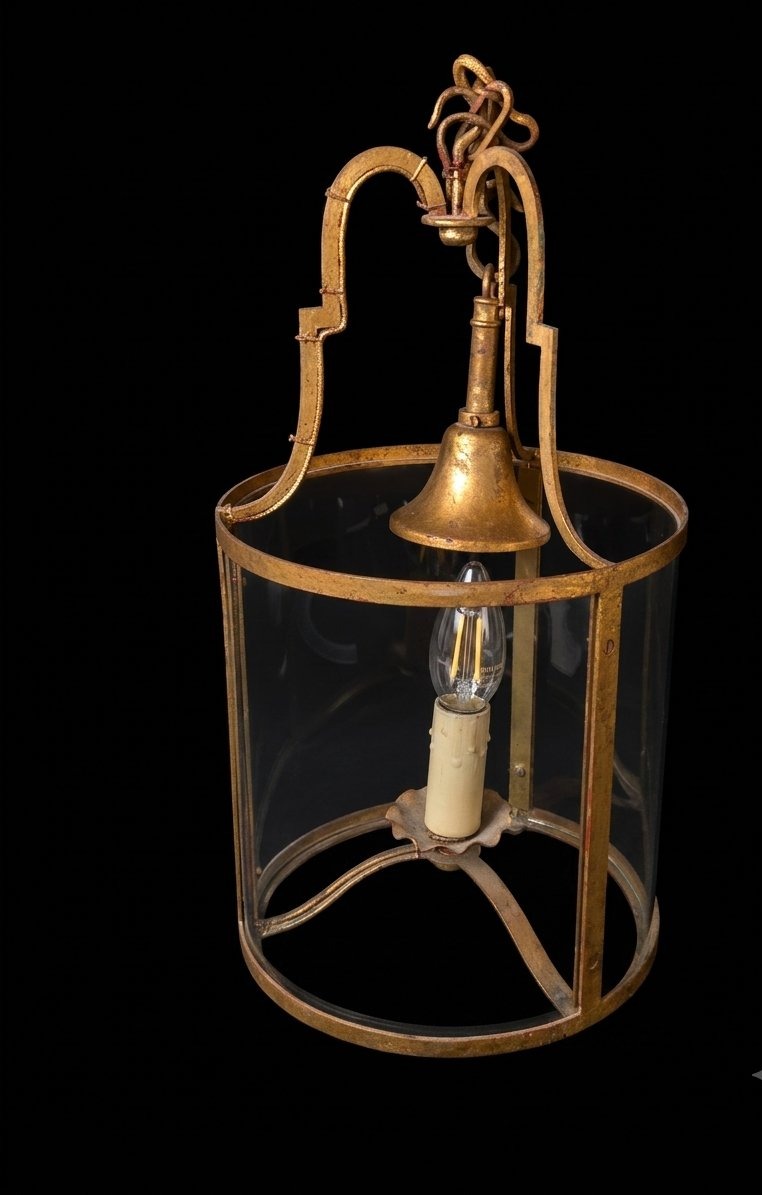 Cylindrical Hall Lantern In Gilded Metal (20th Century)-photo-2