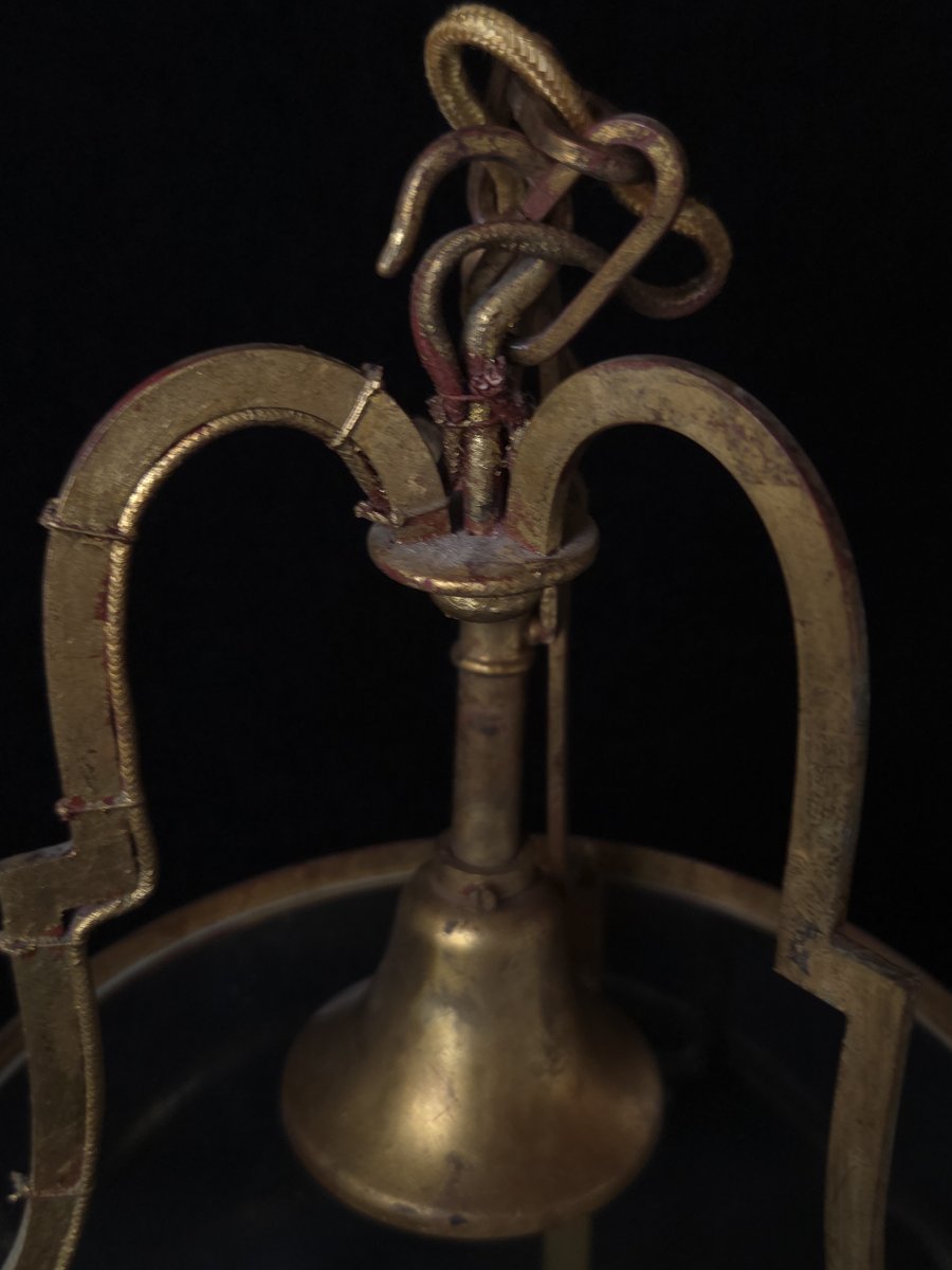 Cylindrical Hall Lantern In Gilded Metal (20th Century)-photo-3