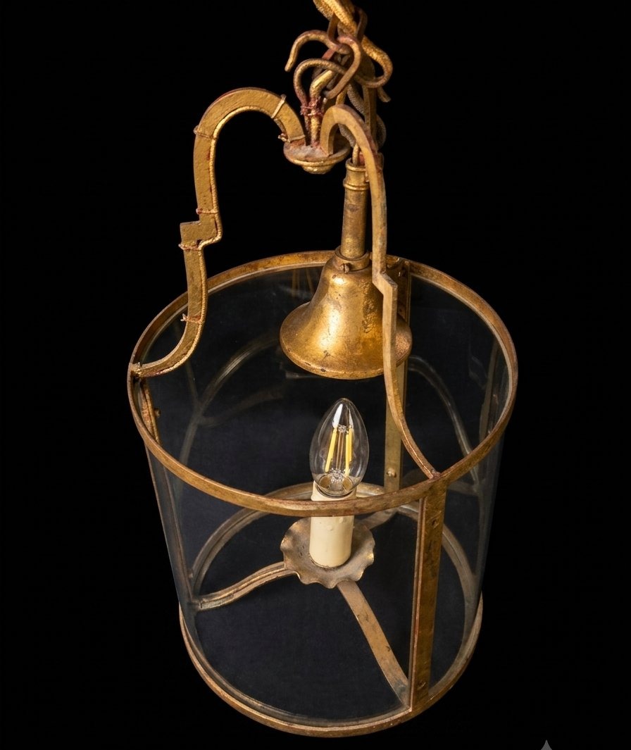 Cylindrical Hall Lantern In Gilded Metal (20th Century)-photo-4