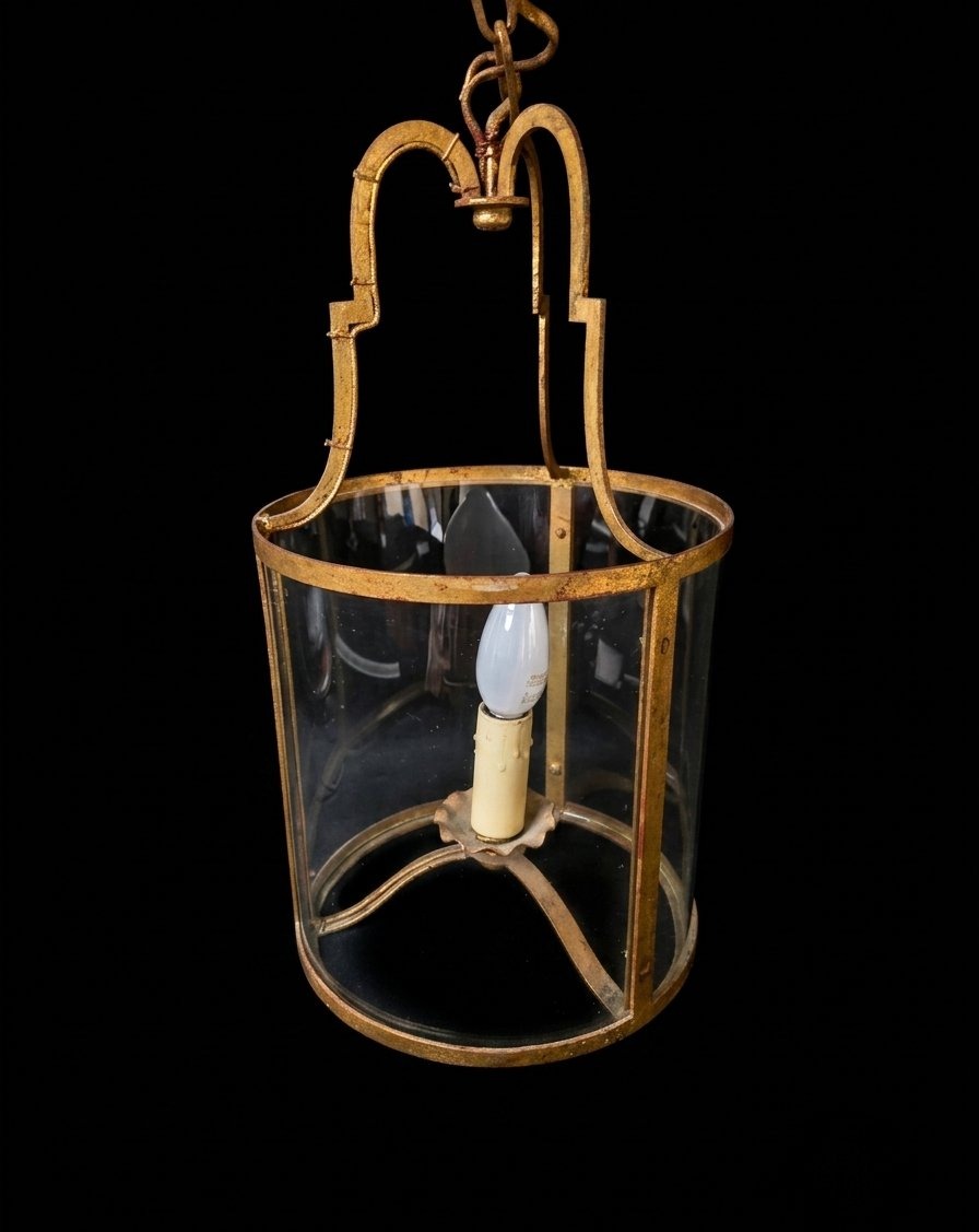 Cylindrical Hall Lantern In Gilded Metal (20th Century)