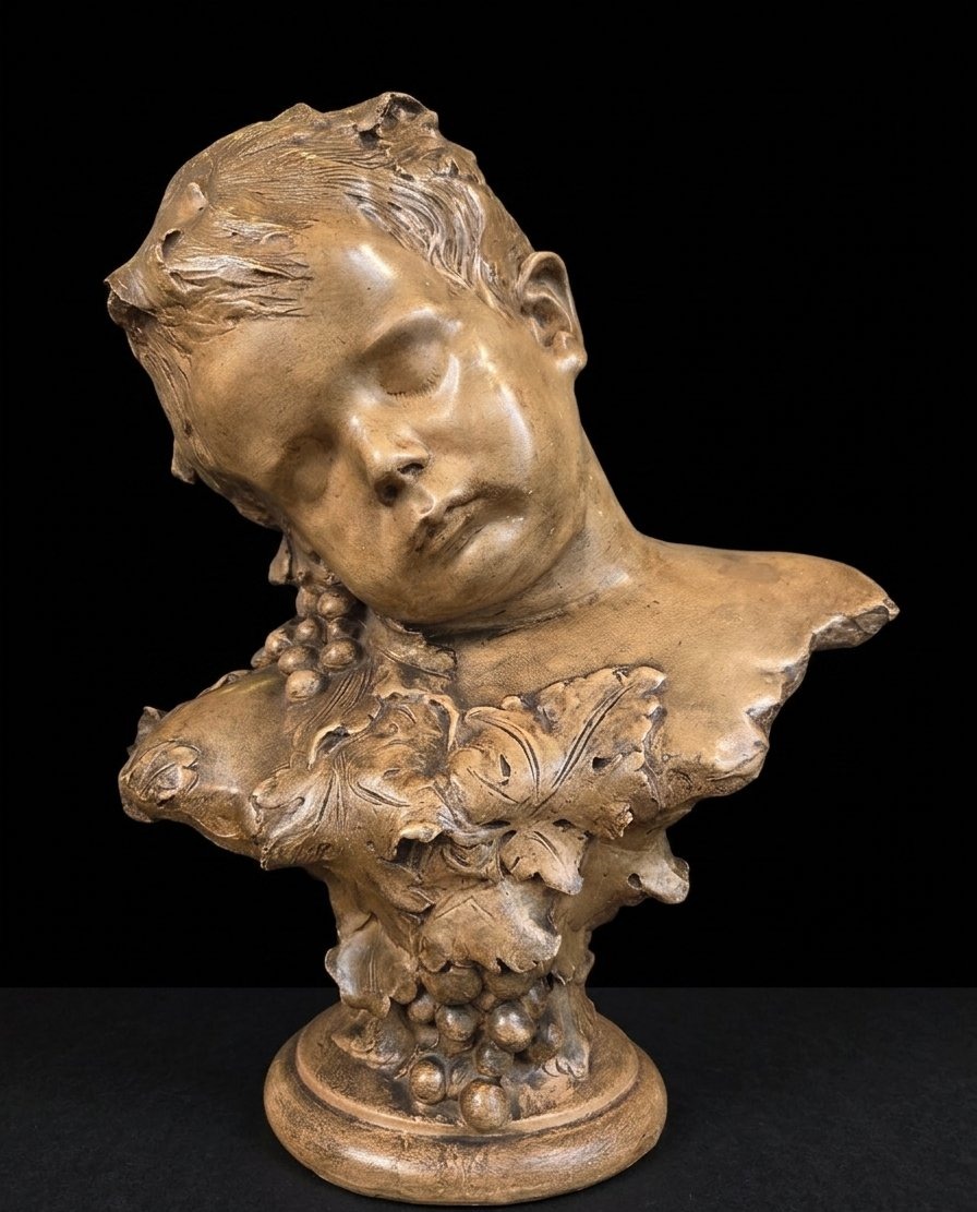 Buste de Bacchus endormi en terre cuite - Friedrich Goldscheider (Vienne - XIXe siècle)-photo-2