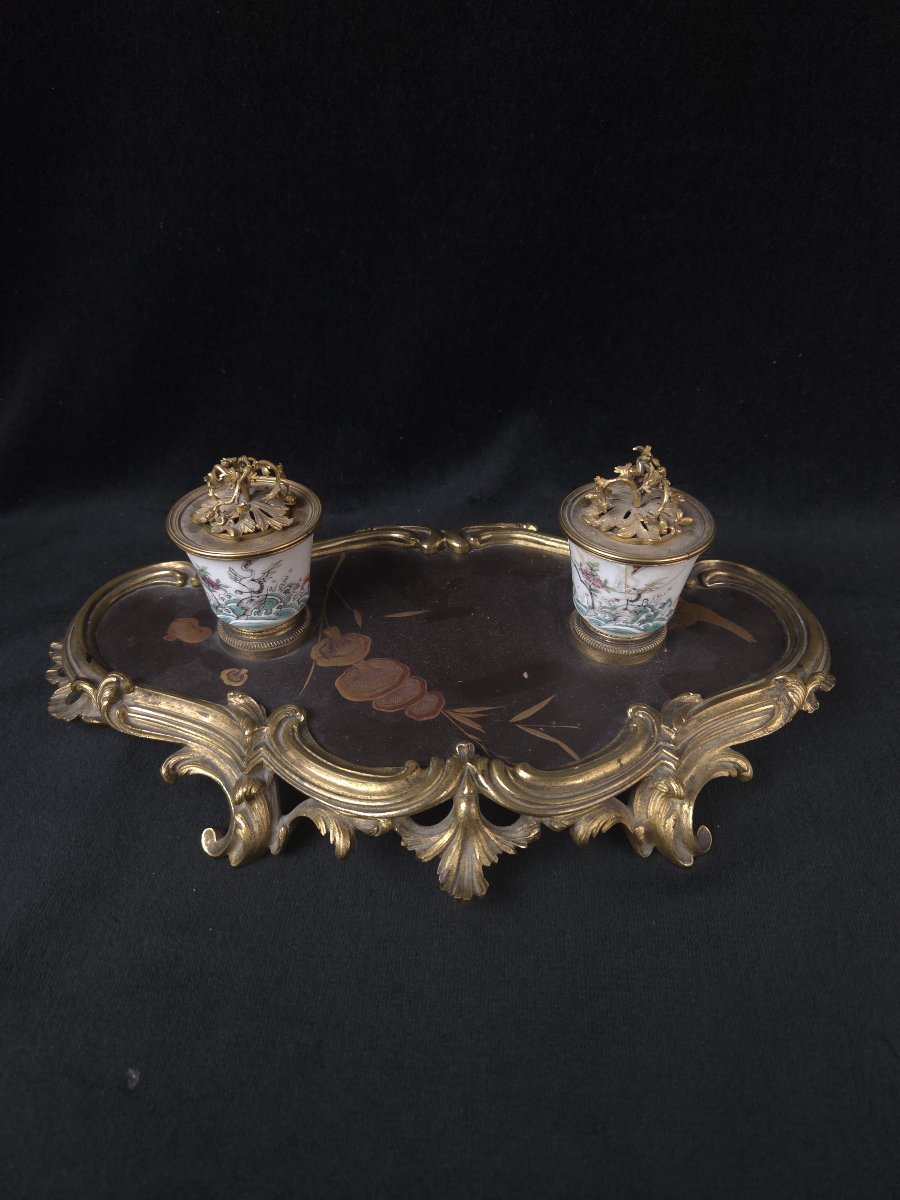 Encrier de style Louis XV en laque de Chine et bronze - XIXe siècle-photo-2