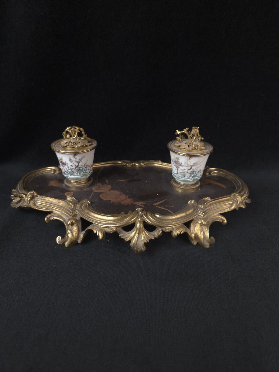 Encrier de style Louis XV en laque de Chine et bronze - XIXe siècle-photo-3