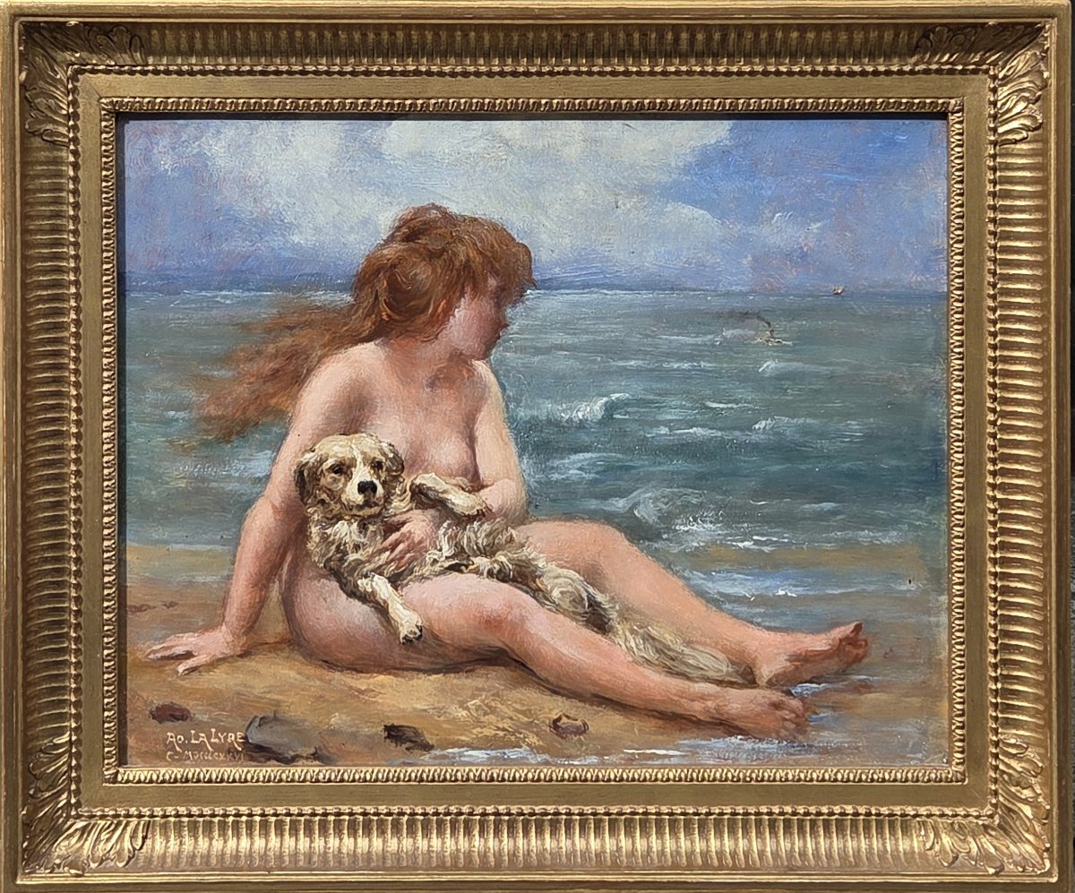 Adolphe La Lyre (1848-1933) - Oil On Canvas - Woman And Her Dog On The Beach-photo-2