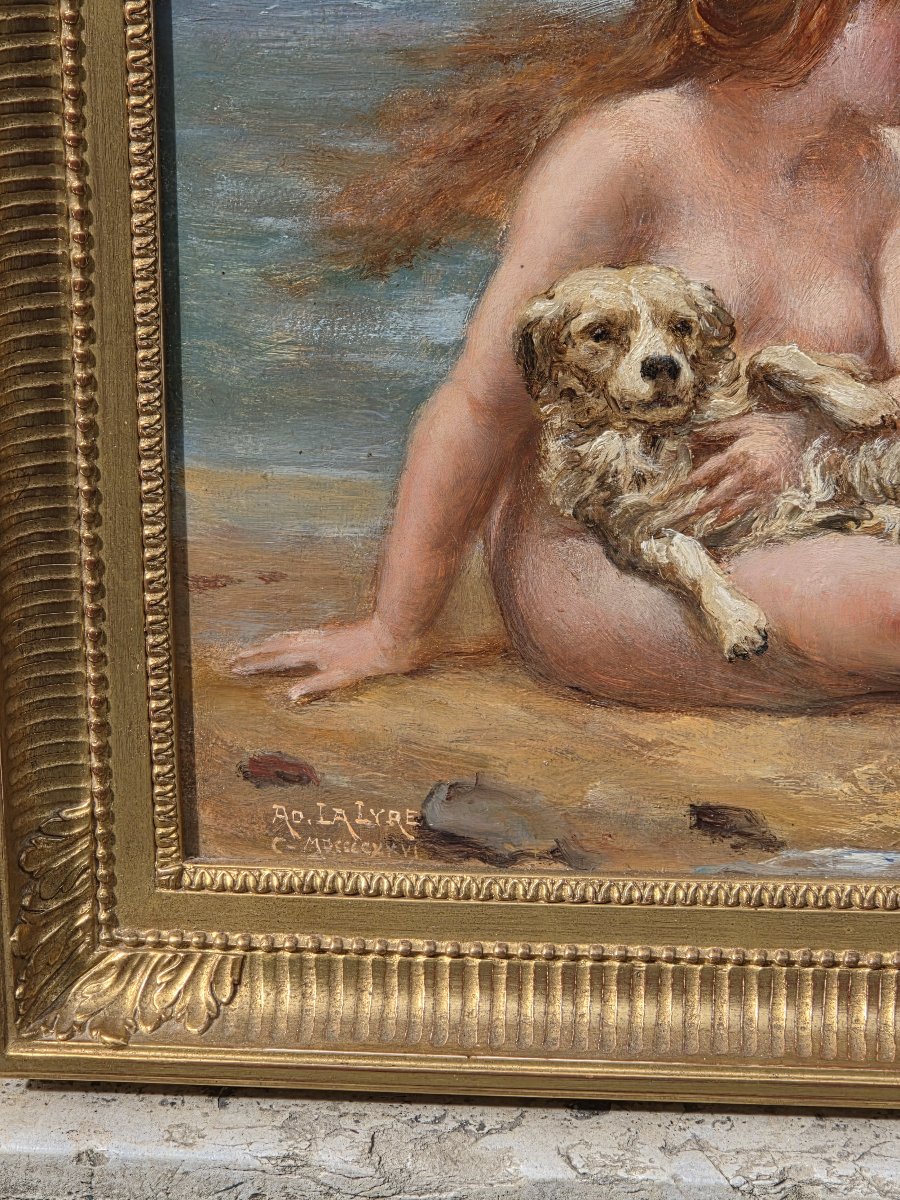 Adolphe La Lyre (1848-1933) - Oil On Canvas - Woman And Her Dog On The Beach-photo-3