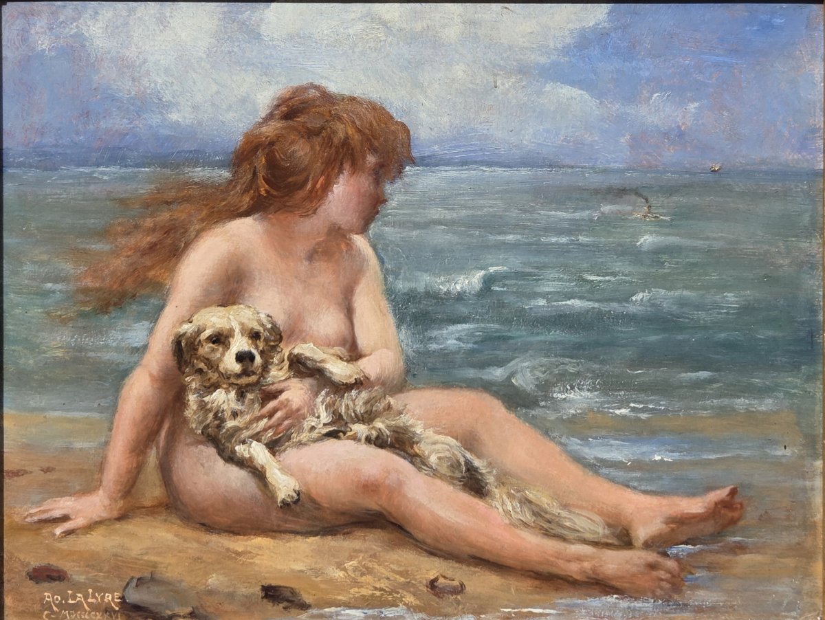 Adolphe La Lyre (1848-1933) - Oil On Canvas - Woman And Her Dog On The Beach