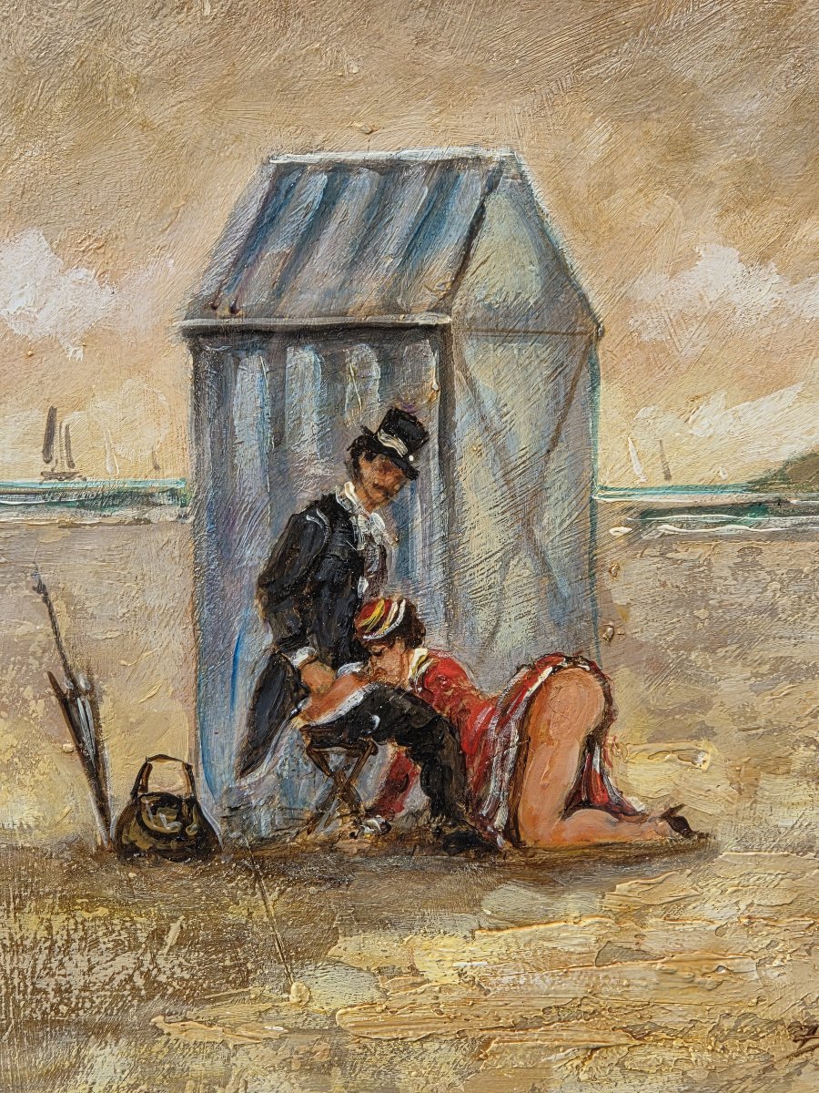 Paulette Bardy (1914-1966) - Oil On Panel - Intimate Scene On The Beach At Cabourg-photo-2