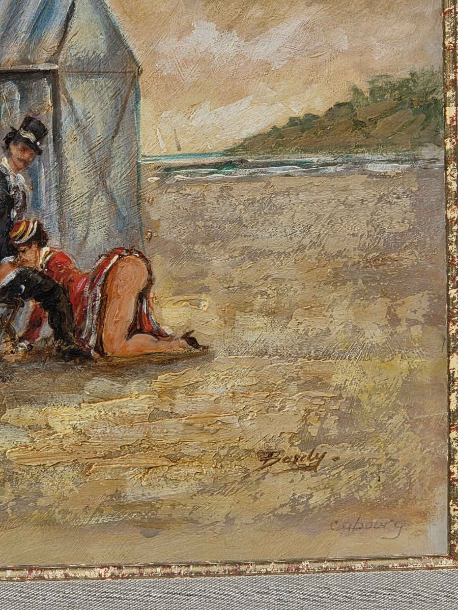 Paulette Bardy (1914-1966) - Oil On Panel - Intimate Scene On The Beach At Cabourg-photo-3