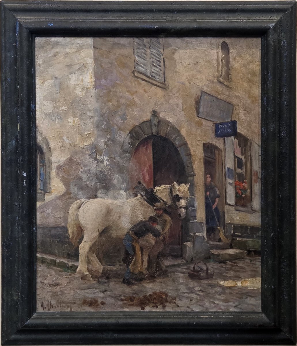 Huile sur panneau - Le Maréchal-Ferrant à la forge - XXe siècle-photo-2
