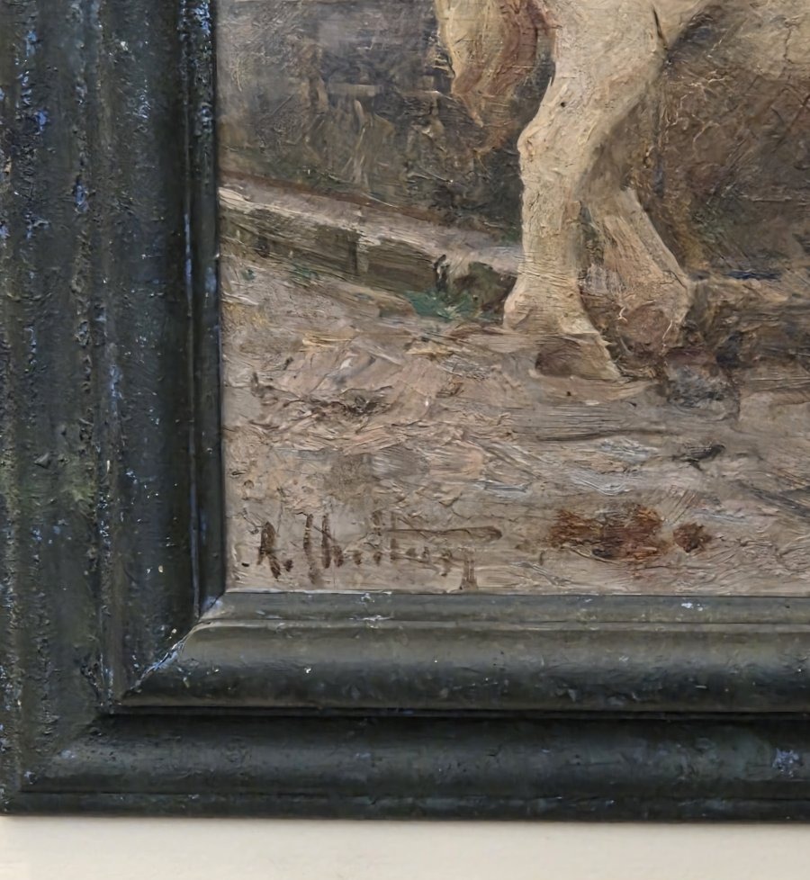 Huile sur panneau - Le Maréchal-Ferrant à la forge - XXe siècle-photo-3