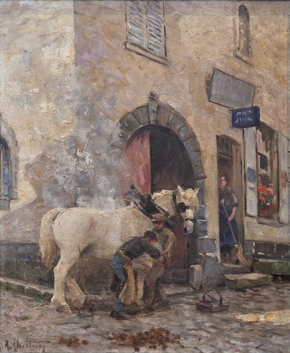 Huile sur panneau - Le Maréchal-Ferrant à la forge - XXe siècle