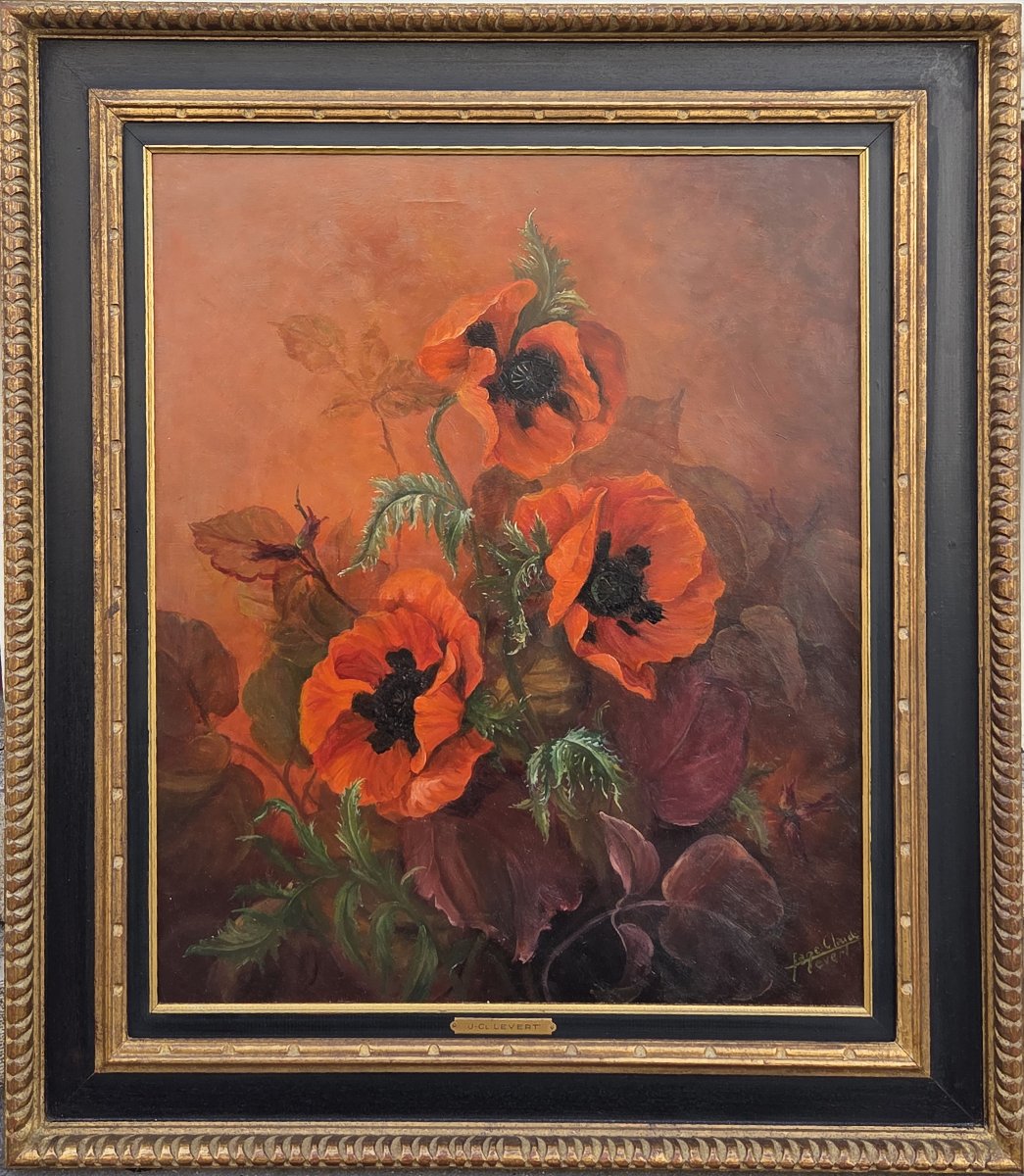 Jane-Claude LEVERT - Huile sur toile - Nature morte aux coquelicots (XXe siècle)-photo-2