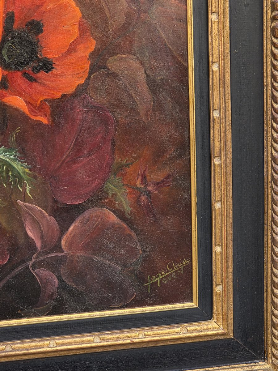 Jane-Claude LEVERT - Huile sur toile - Nature morte aux coquelicots (XXe siècle)-photo-3