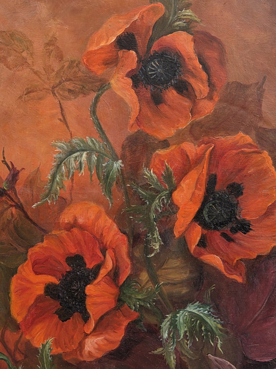 Jane-Claude LEVERT - Huile sur toile - Nature morte aux coquelicots (XXe siècle)-photo-4