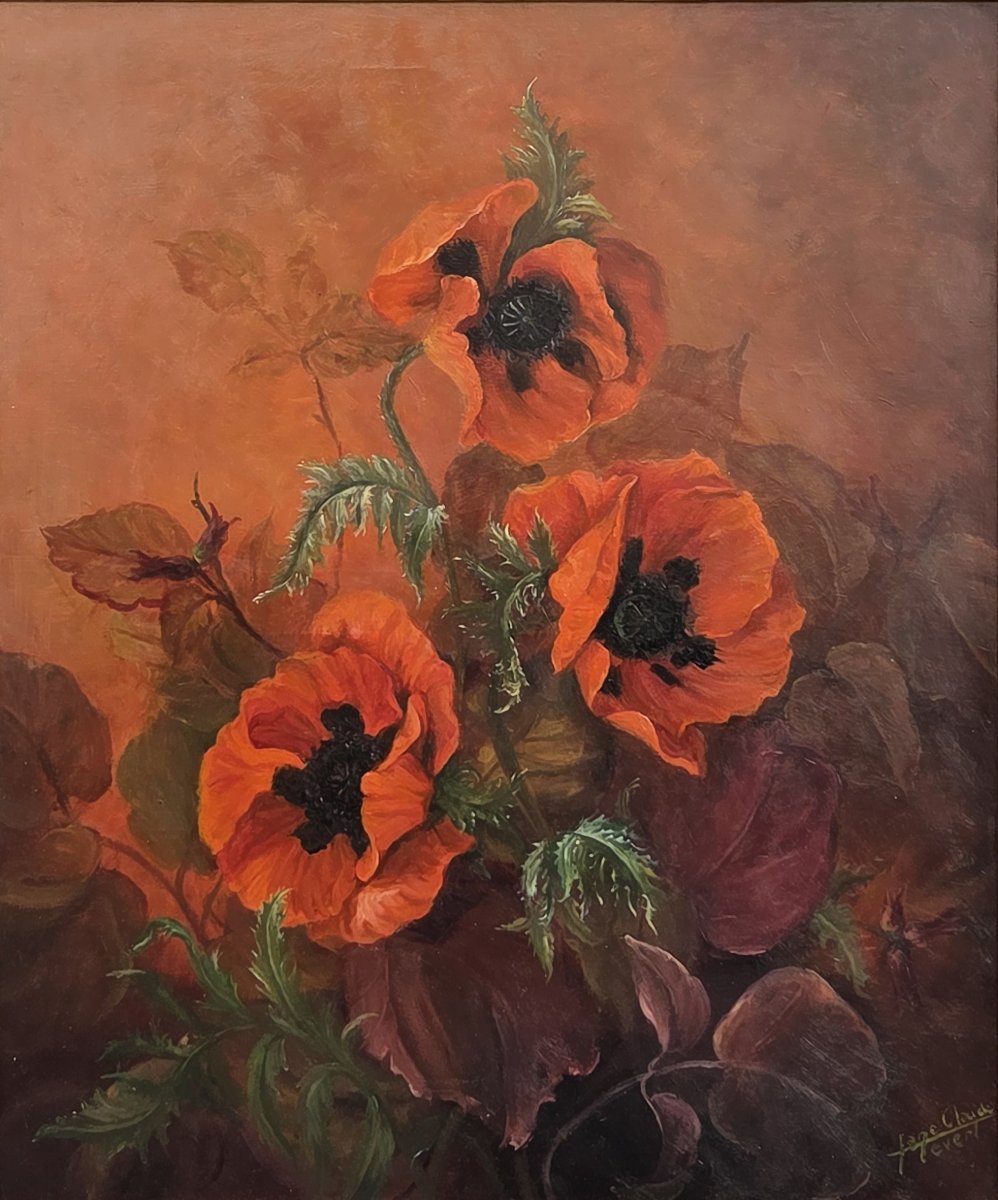 Jane-Claude LEVERT - Huile sur toile - Nature morte aux coquelicots (XXe siècle)