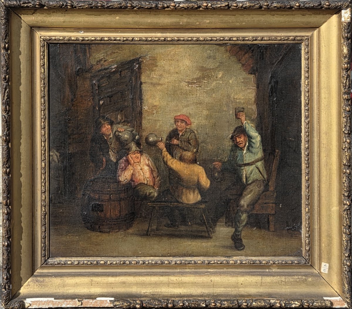 Huile sur toile - Scène animée de taverne dans le goût de David Teniers - XIXe s-photo-2
