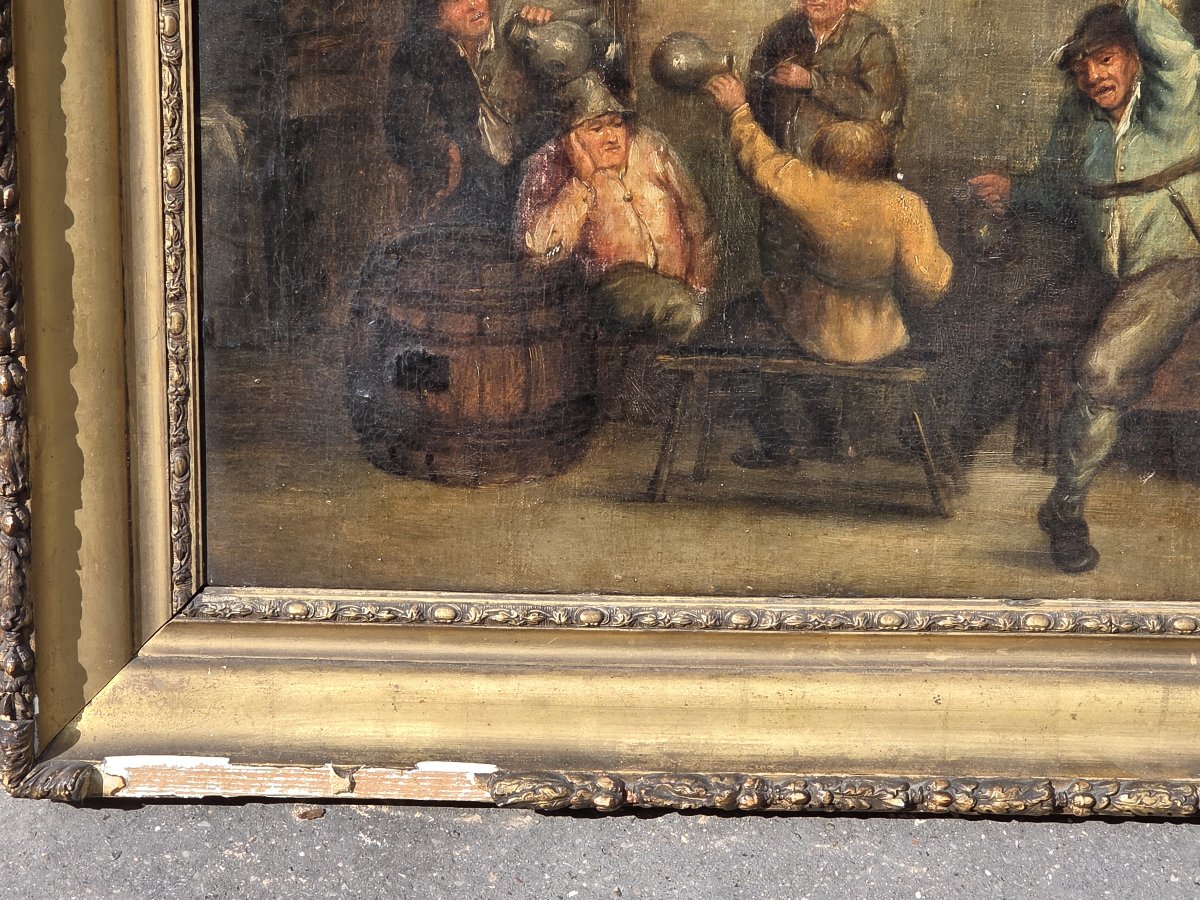 Huile sur toile - Scène animée de taverne dans le goût de David Teniers - XIXe s-photo-3