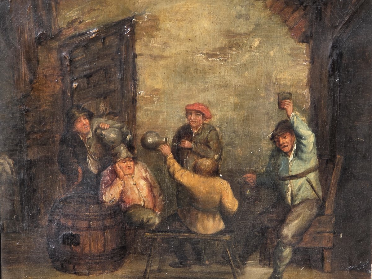 Huile sur toile - Scène animée de taverne dans le goût de David Teniers - XIXe s