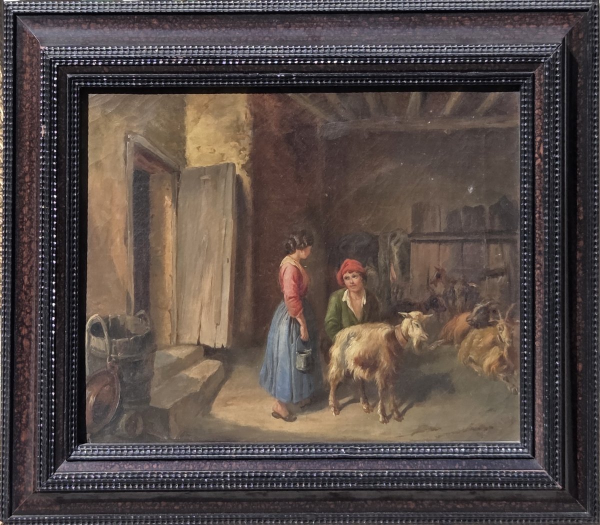 Huile sur toile - Scène de chèvrerie animée - Ecole Française - XIXe siècle-photo-2