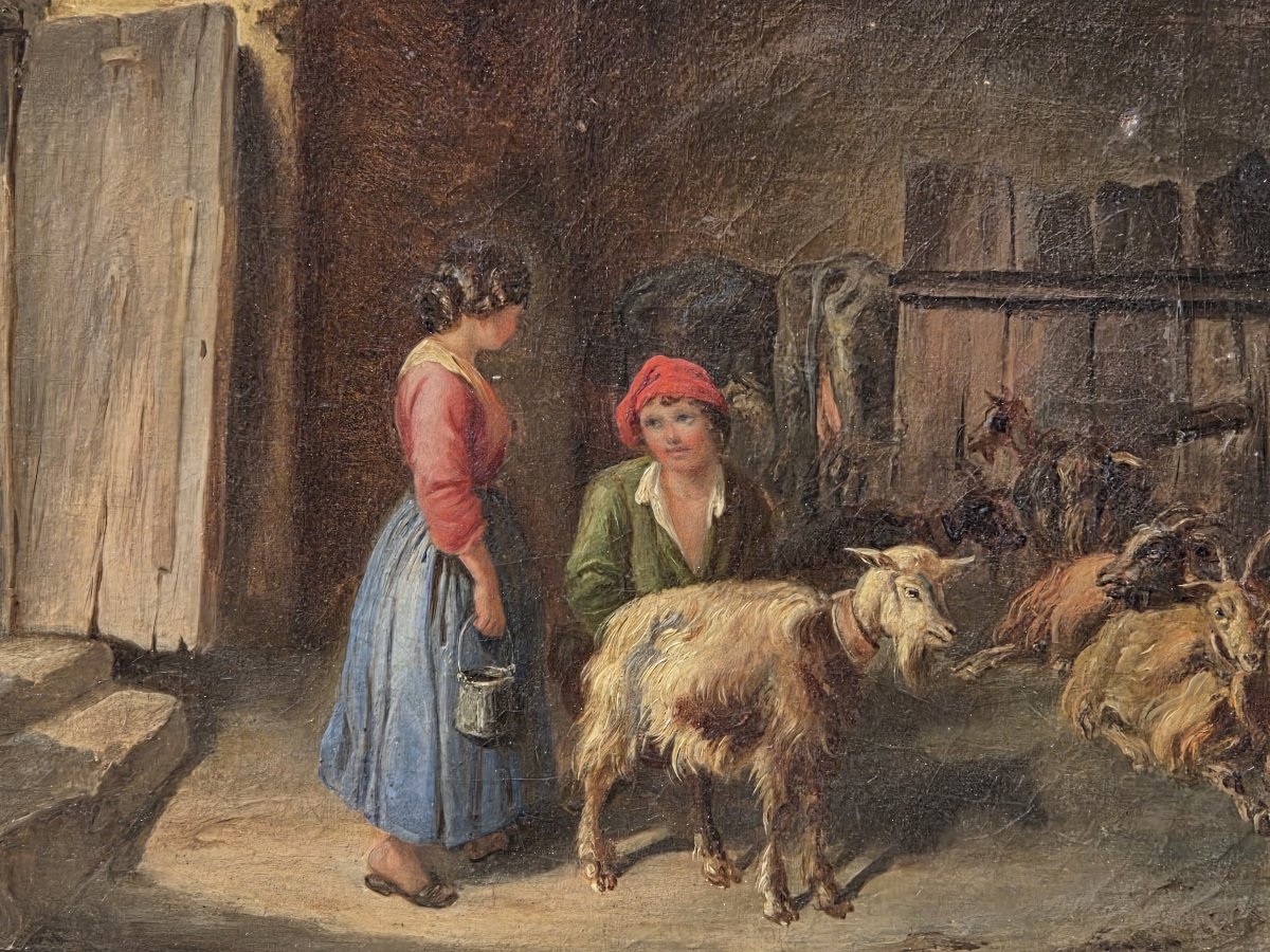 Huile sur toile - Scène de chèvrerie animée - Ecole Française - XIXe siècle-photo-4