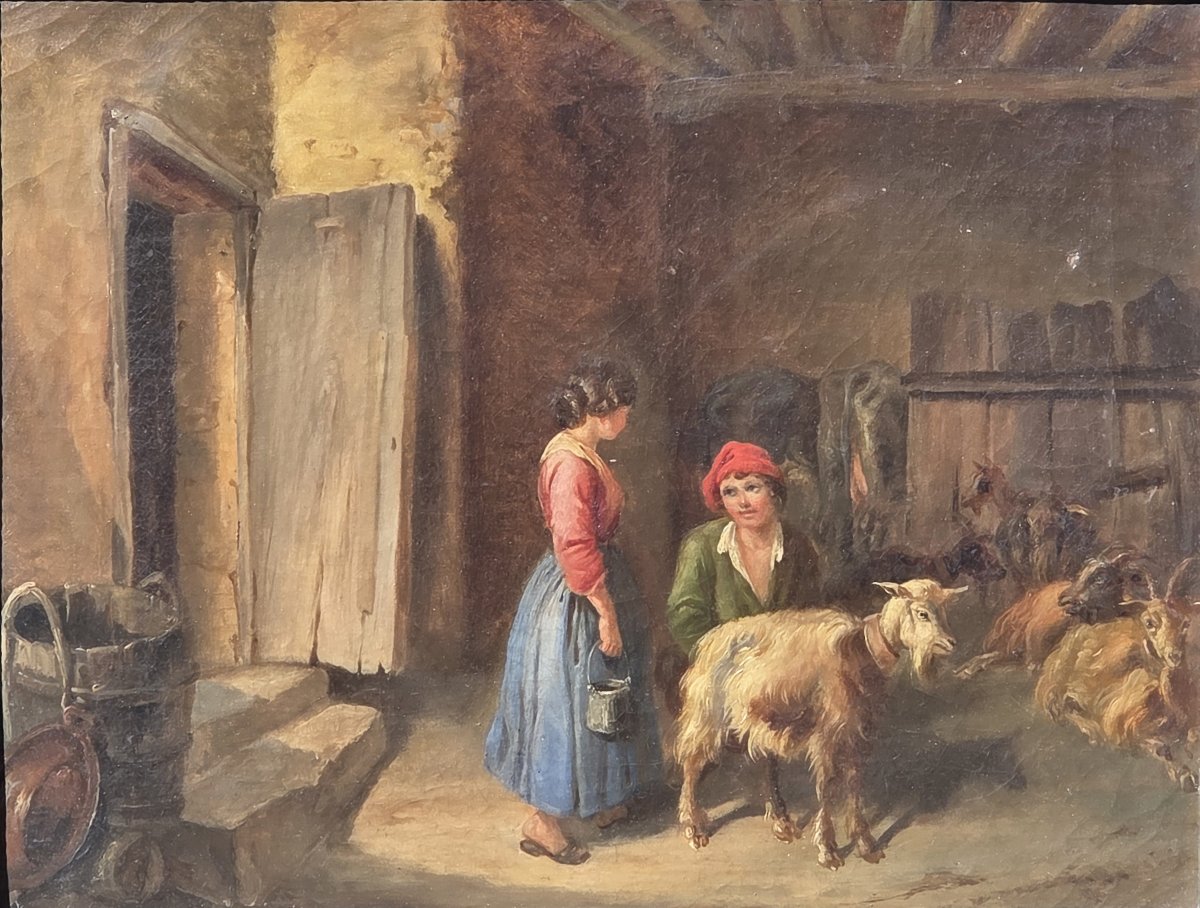 Huile sur toile - Scène de chèvrerie animée - Ecole Française - XIXe siècle