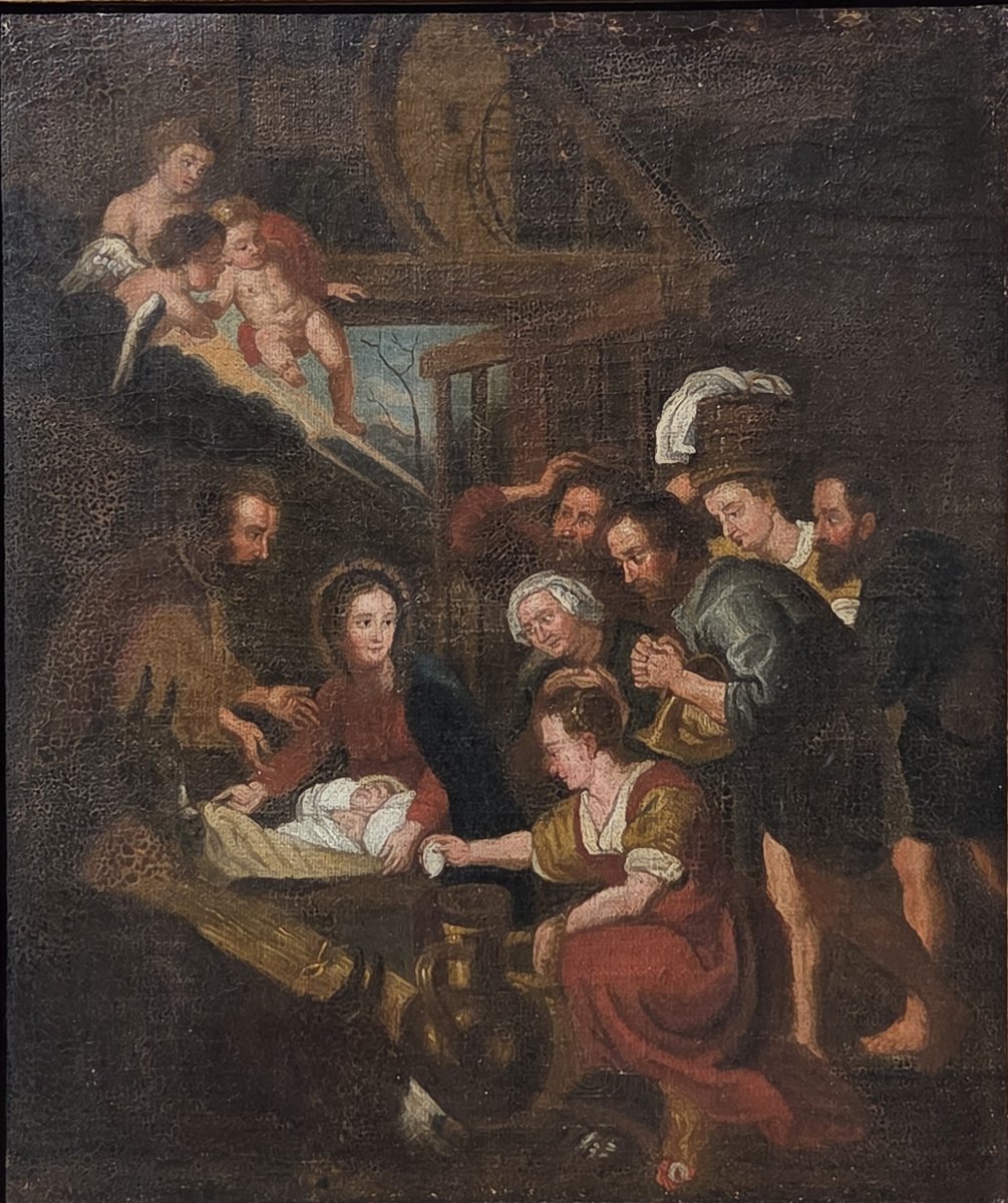 Huile sur toile - L'Adoration des Bergers dans le goût de Jacopo Bassano (XIXe siècle)-photo-2