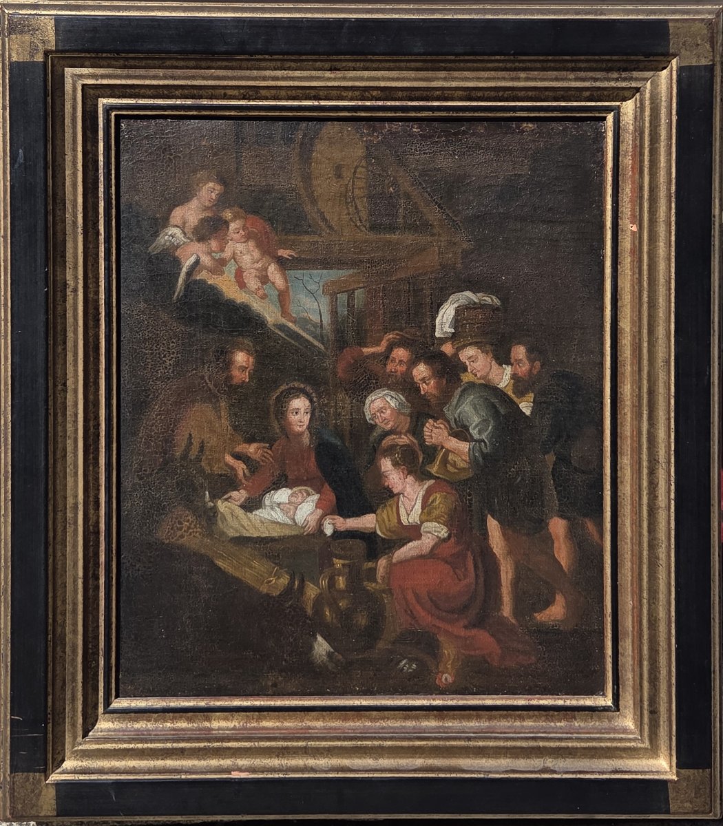 Huile sur toile - L'Adoration des Bergers dans le goût de Jacopo Bassano (XIXe siècle)-photo-3