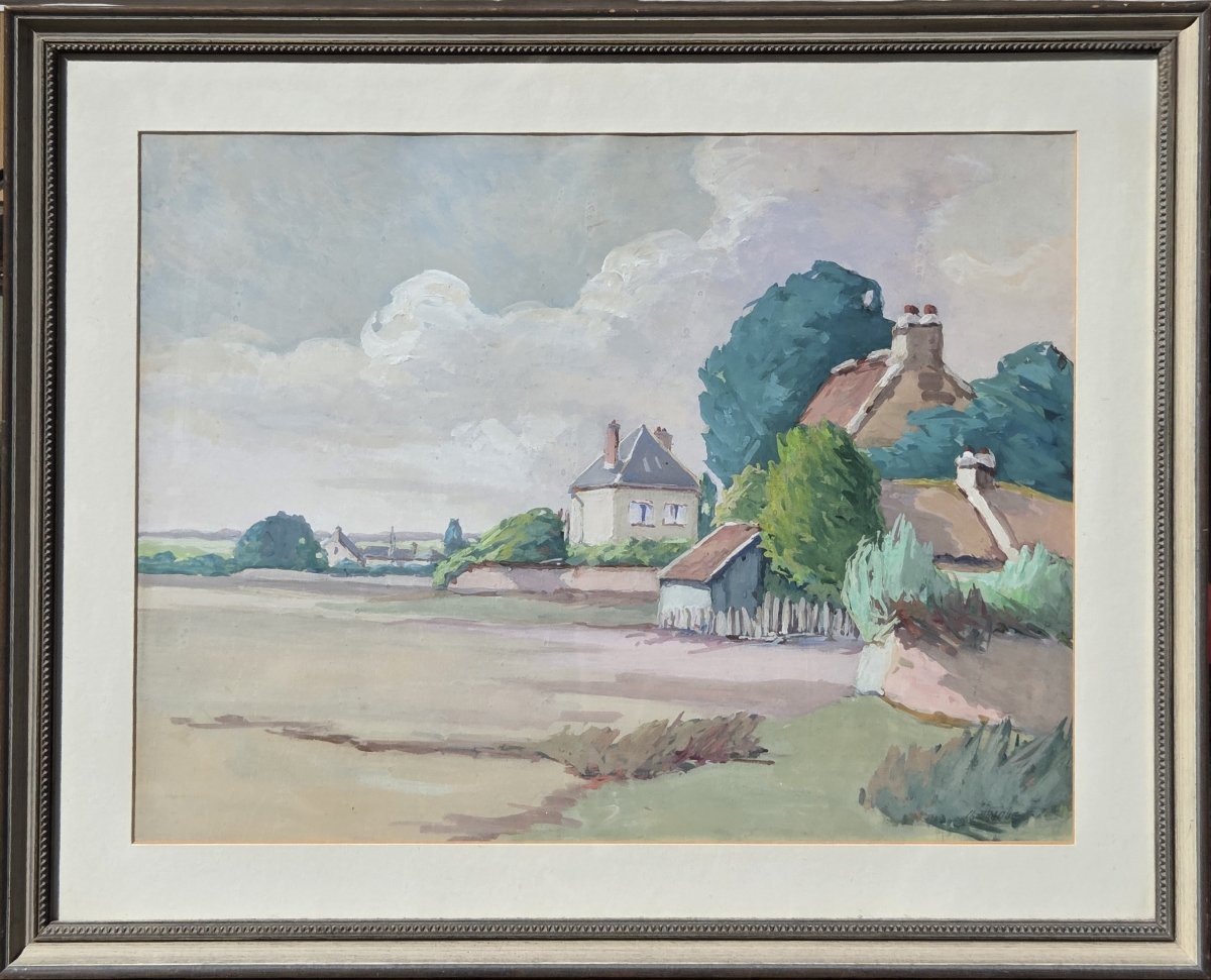 Aquarelle - Paysage de campagne aux chaumières - CL Braque (XXe siècle)-photo-2