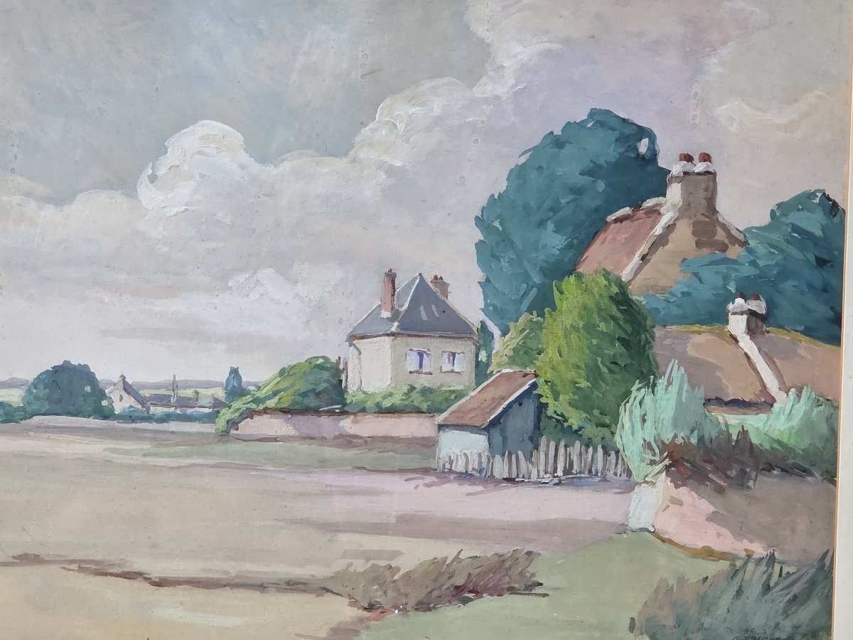 Aquarelle - Paysage de campagne aux chaumières - CL Braque (XXe siècle)-photo-3