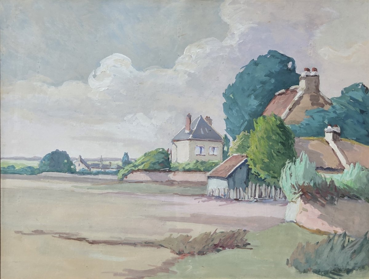 Aquarelle - Paysage de campagne aux chaumières - CL Braque (XXe siècle)