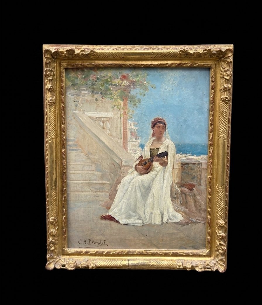 Oil On Panel - Woman With A Mandolin By The Sea - Carl Albert Blondel (19th Century)-photo-2