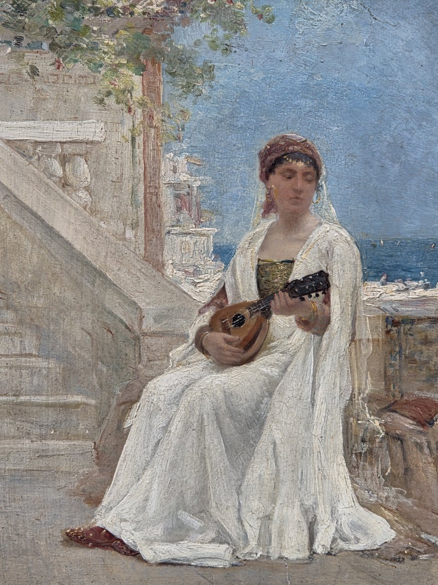 Oil On Panel - Woman With A Mandolin By The Sea - Carl Albert Blondel (19th Century)-photo-3
