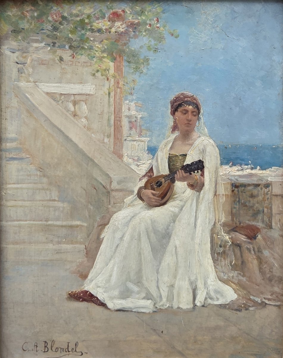 Oil On Panel - Woman With A Mandolin By The Sea - Carl Albert Blondel (19th Century)