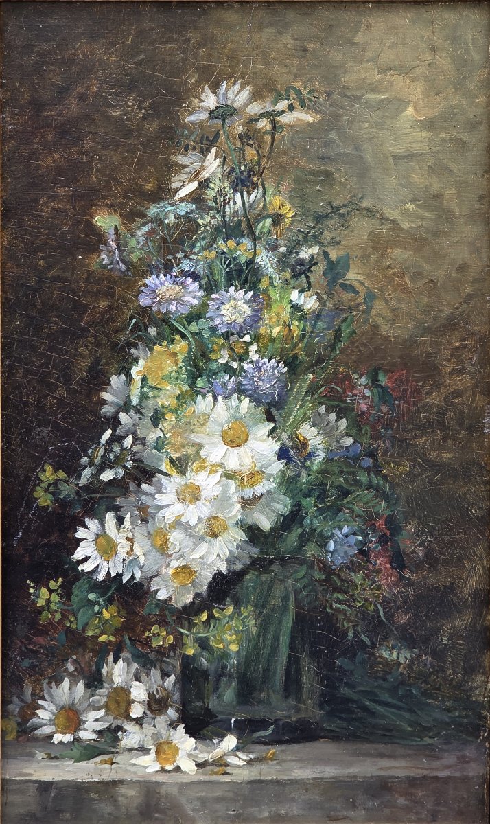 Oil On Panel - Large Bouquet Of Daisies - 19th Century-photo-2