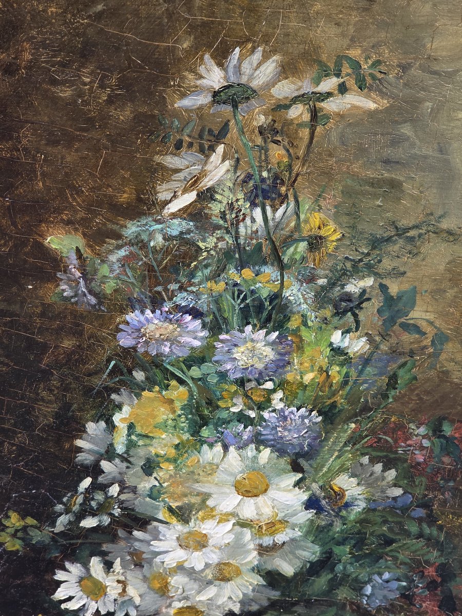 Oil On Panel - Large Bouquet Of Daisies - 19th Century-photo-3