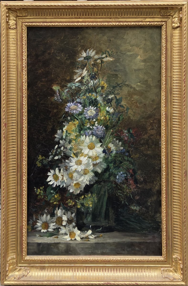 Oil On Panel - Large Bouquet Of Daisies - 19th Century