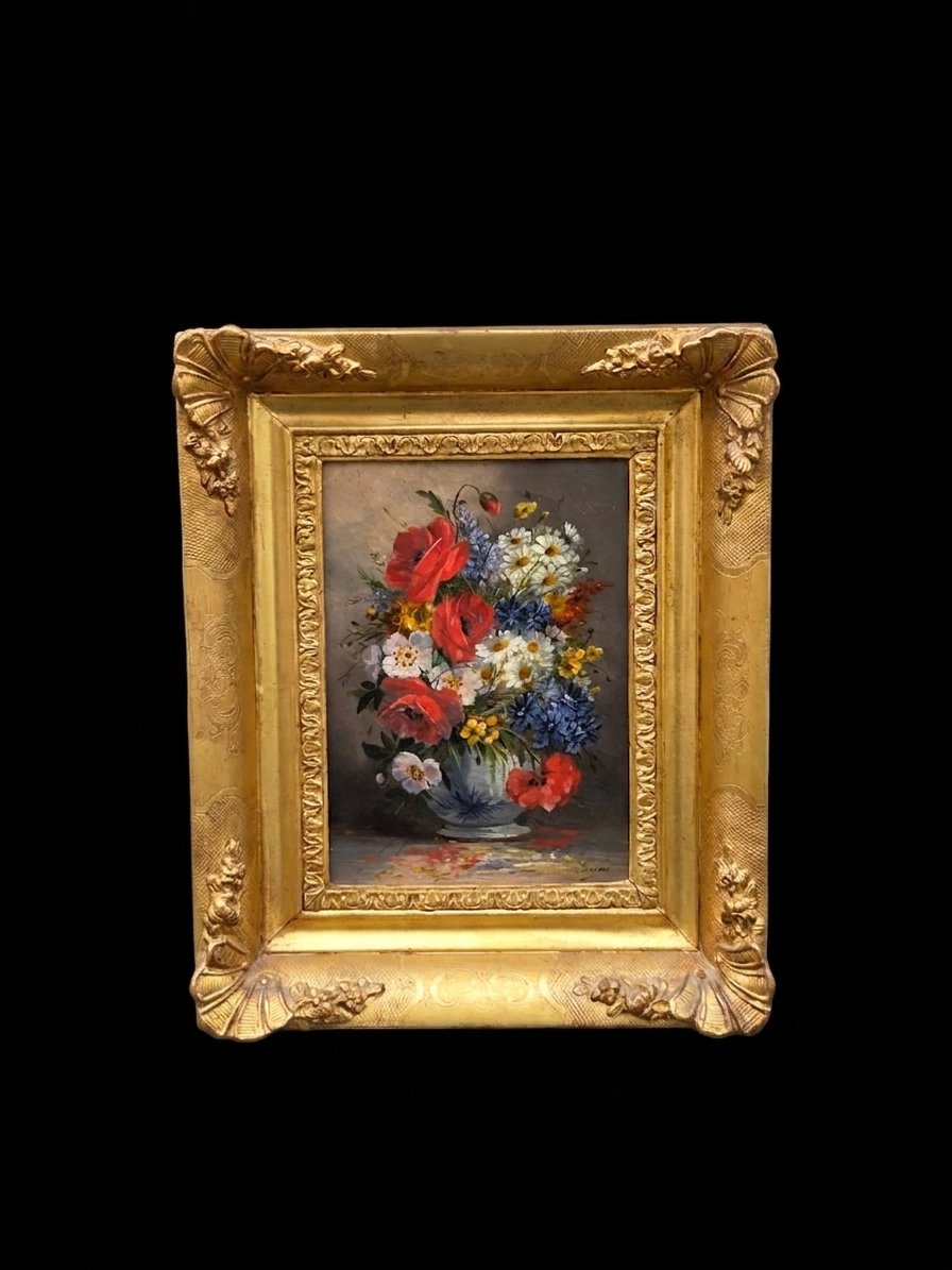 Huile sur toile - Bouquet de coquelicots et fleurs de champs - SUREAU (XIXe siècle)-photo-2