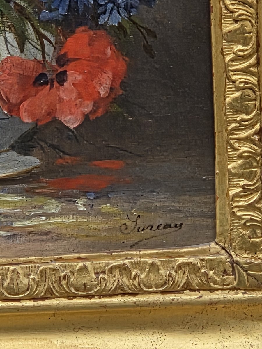 Huile sur toile - Bouquet de coquelicots et fleurs de champs - SUREAU (XIXe siècle)-photo-3