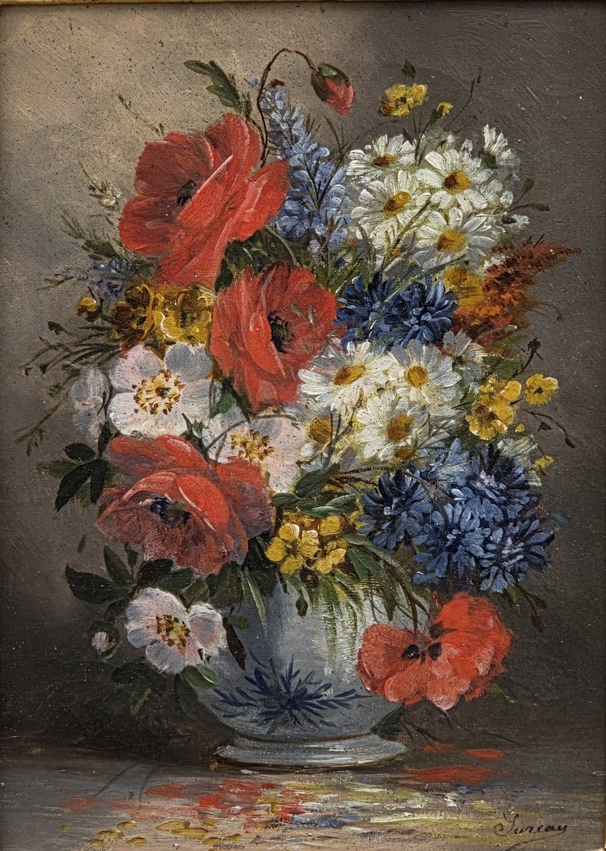 Huile sur toile - Bouquet de coquelicots et fleurs de champs - SUREAU (XIXe siècle)