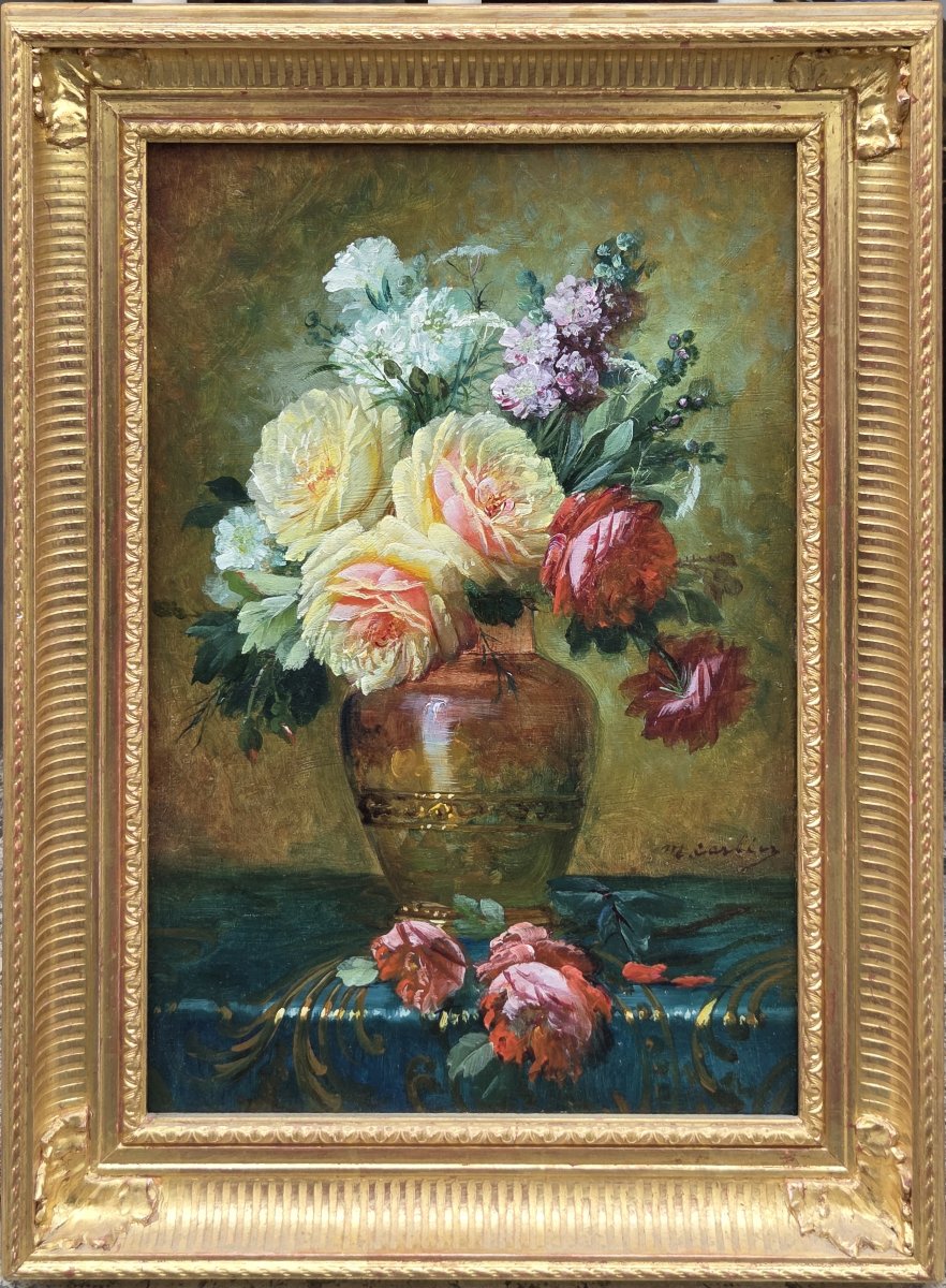 Max Albert Carlier (1872-1938) - Huile sur panneau - Nature morte au vase de roses -photo-2