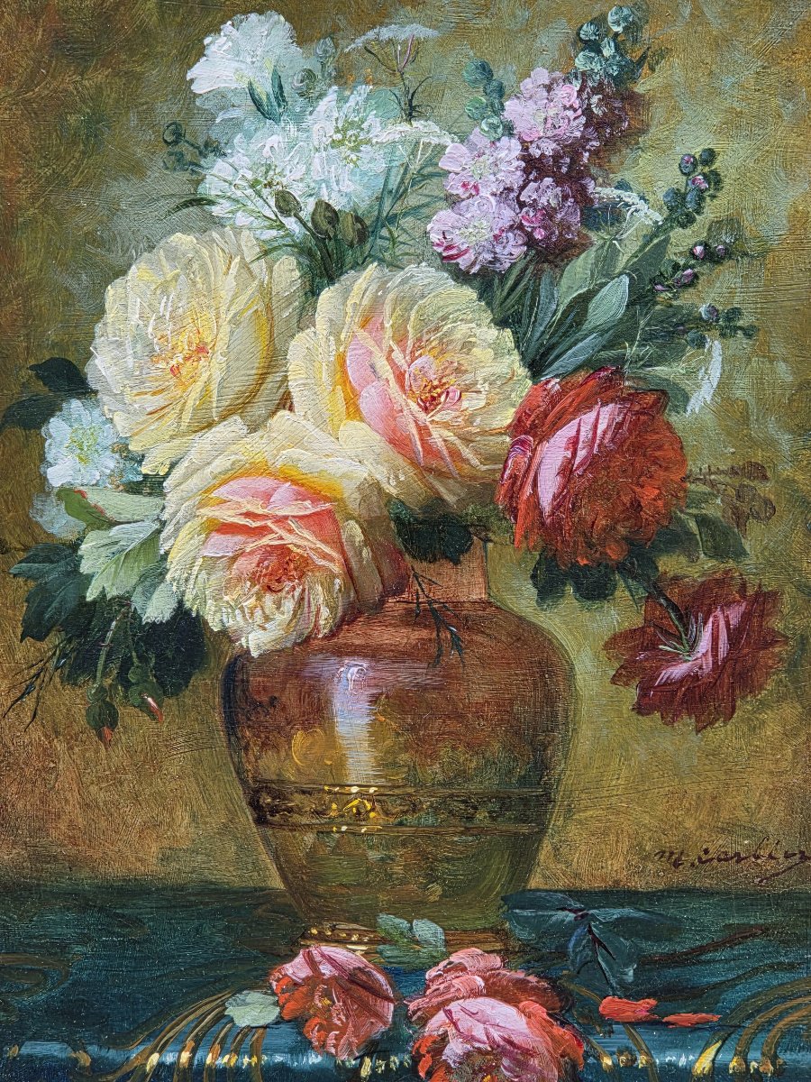Max Albert Carlier (1872-1938) - Huile sur panneau - Nature morte au vase de roses -photo-3