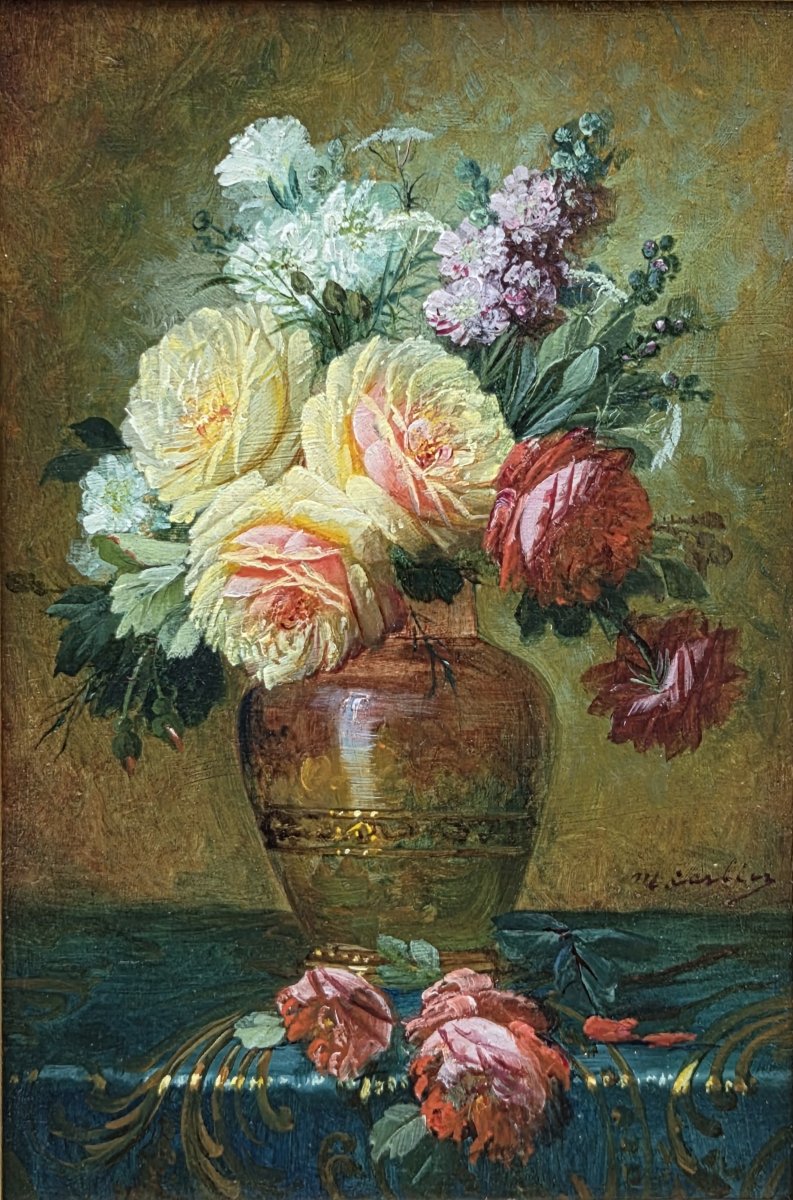 Max Albert Carlier (1872-1938) - Huile sur panneau - Nature morte au vase de roses 