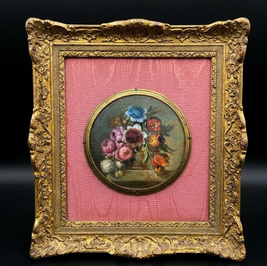 Huile sur panneau - Bouquet de fleurs en tondo - Fleury (XXe siècle)-photo-2