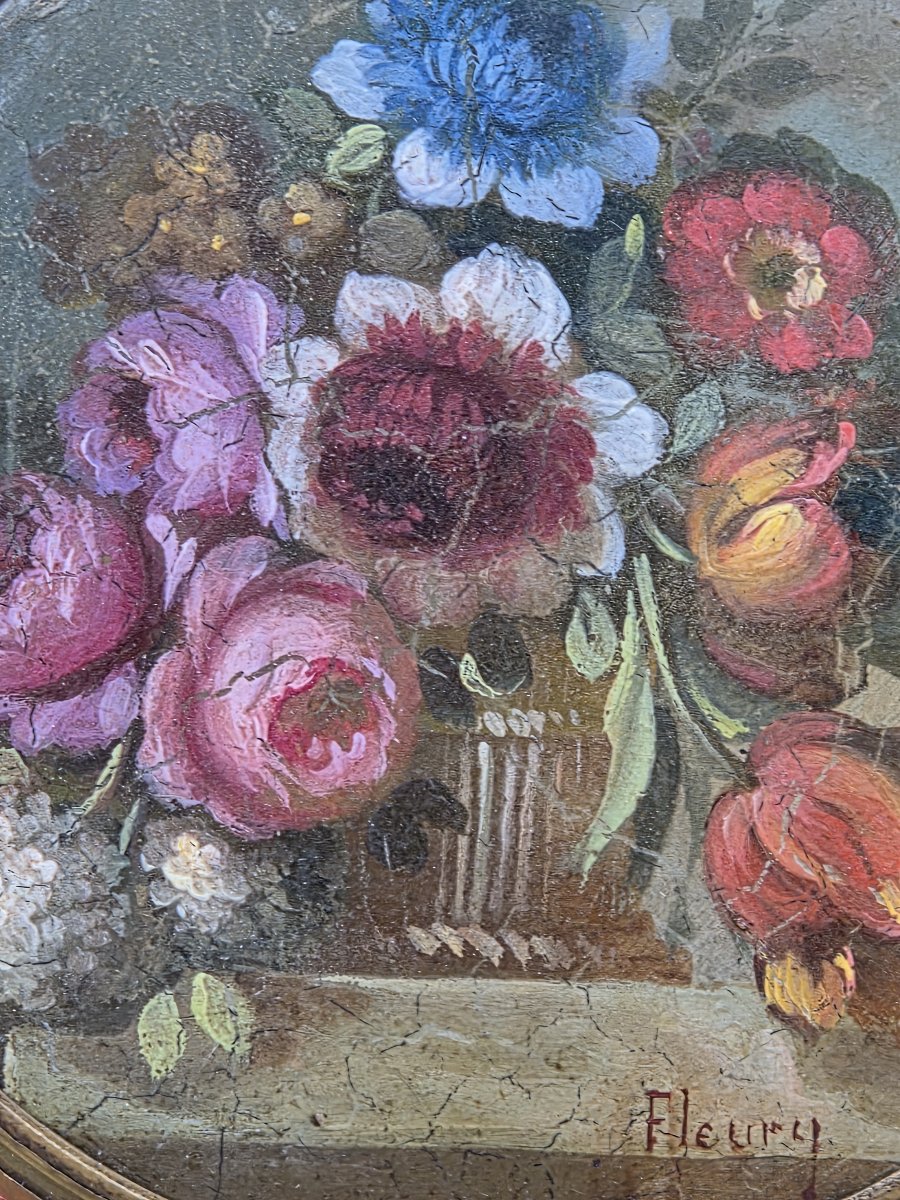 Huile sur panneau - Bouquet de fleurs en tondo - Fleury (XXe siècle)-photo-3