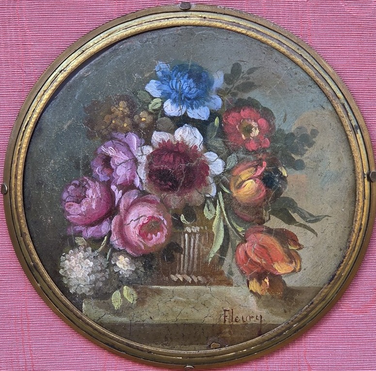 Huile sur panneau - Bouquet de fleurs en tondo - Fleury (XXe siècle)