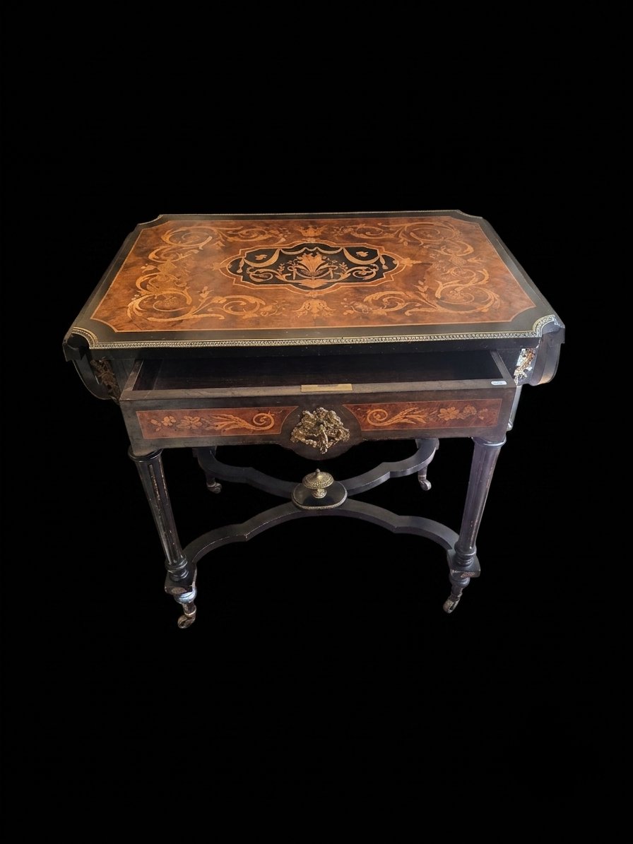 Marquetry Table With Center Panels - Napoleon III Period (19th Century)-photo-2