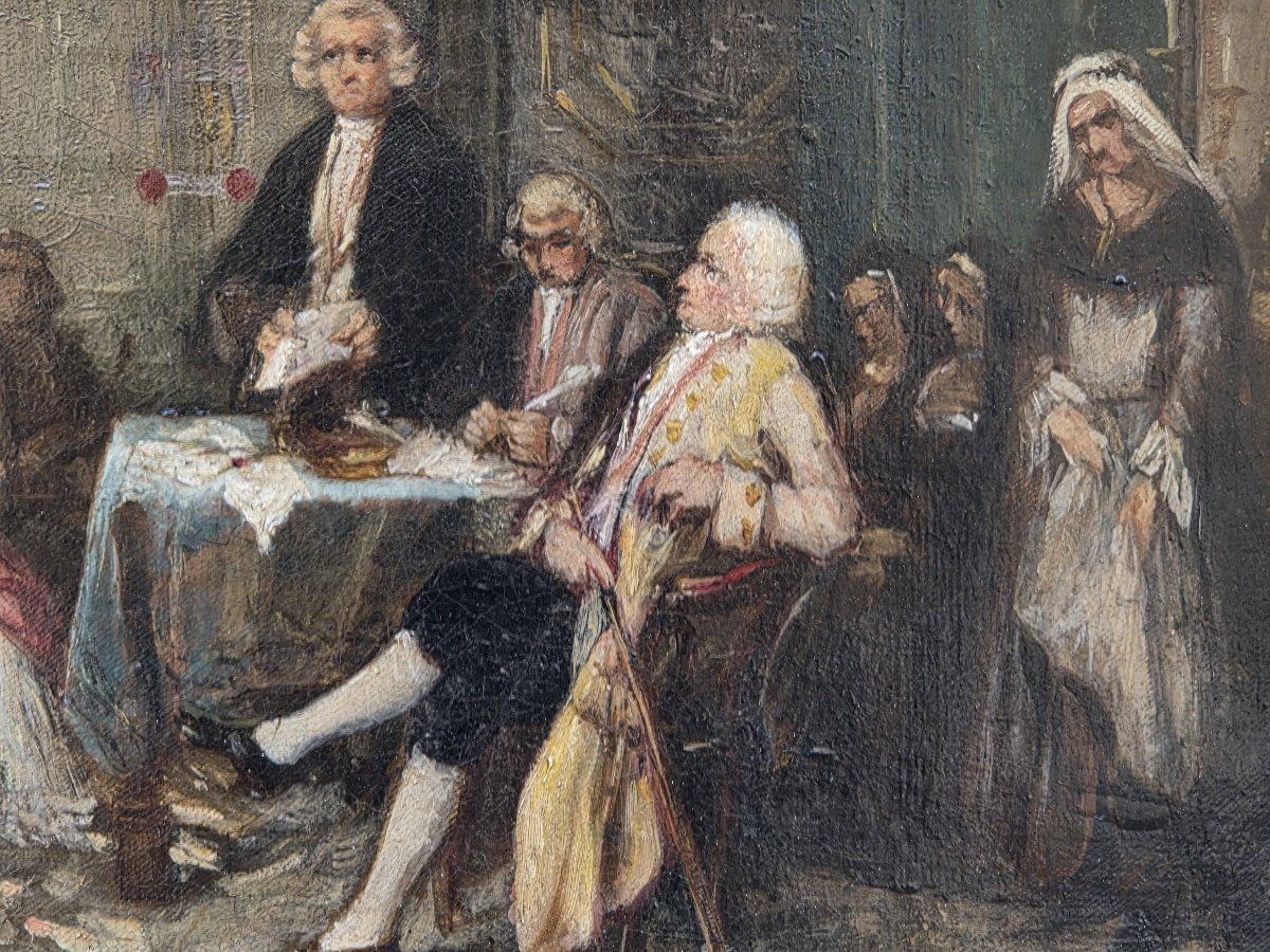 Huile sur toile - La lecture du testament - Ecole Française (XIXe siècle)-photo-3