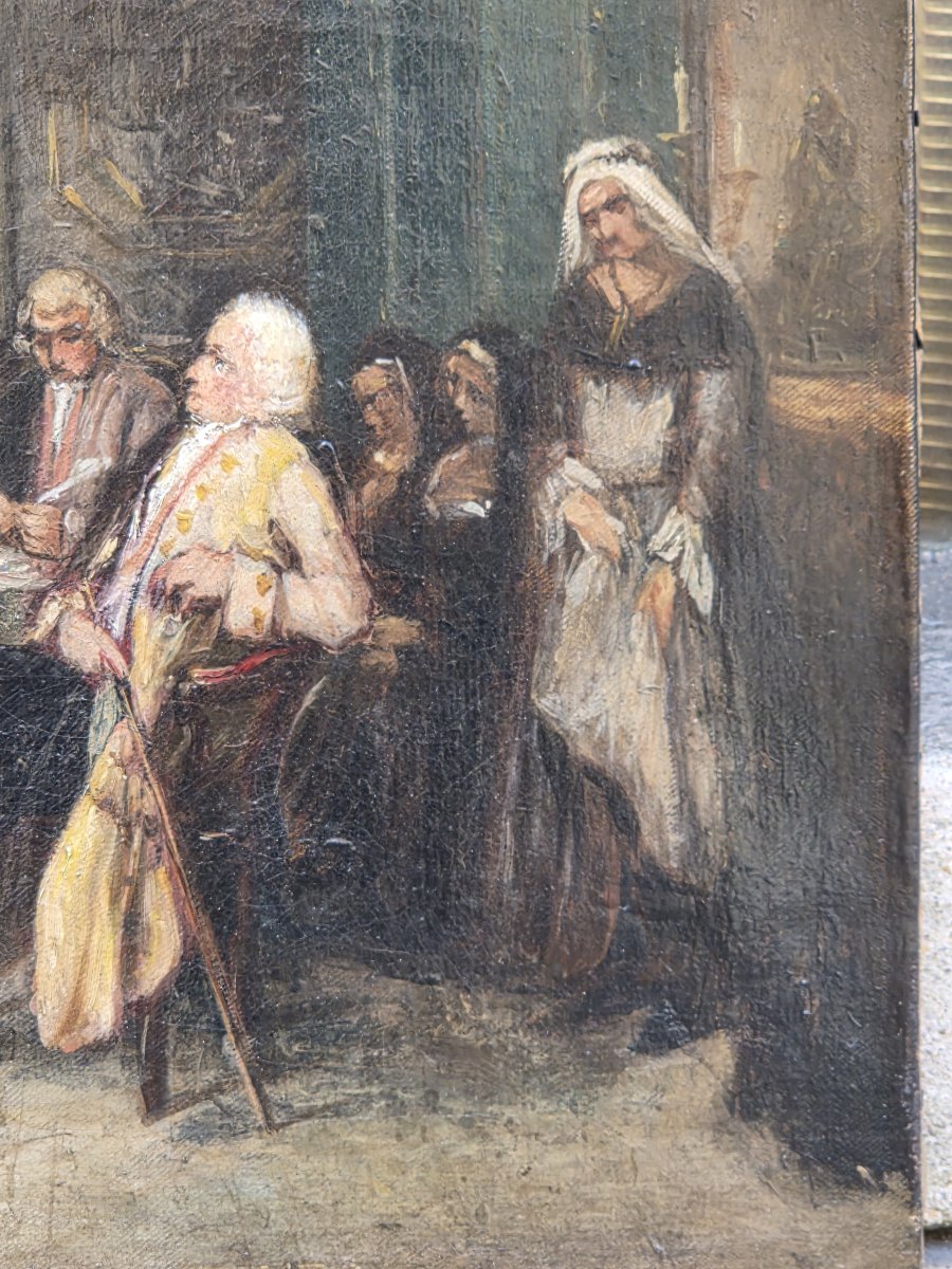 Huile sur toile - La lecture du testament - Ecole Française (XIXe siècle)-photo-4